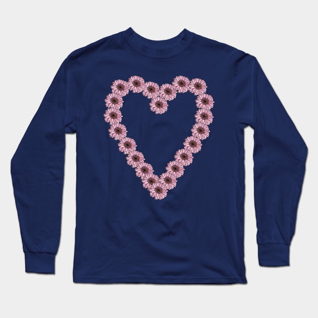 Line Drawing Pink Daisy Gerbera Valentines Day Heart Long Sleeve T-Shirt by ellenhenryart
